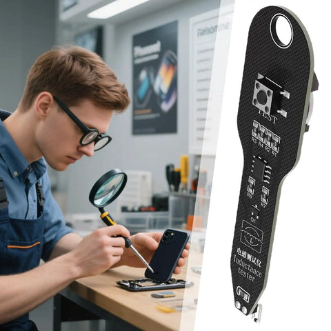 Technician using the Coil Tester For Motherboards With Compact Housing Fast Inductor Fault Check Device for PCB repair