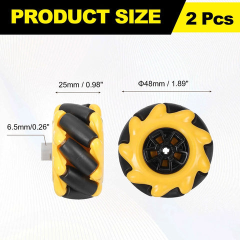Front and side views of MECCANIXITY Mecanum wheels, 2-pack, 48mm diameter, yellow and black for DIY robot cars