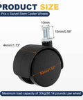 Heavy Duty 4 Pack 2 Inch Swivel Caster Wheels M10 Threaded Stem Black Nylon displaying size dimensions and load capacity.
