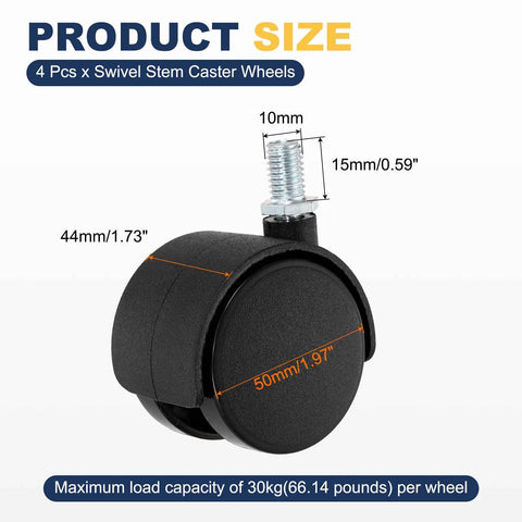 Heavy Duty 4 Pack 2 Inch Swivel Caster Wheels M10 Threaded Stem Black Nylon displaying size dimensions and load capacity.
