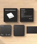 Top view of Game Changing Digital Coffee Scale With 2 Kg Capacity And 0.1g Precision, packaging, components, and digital display