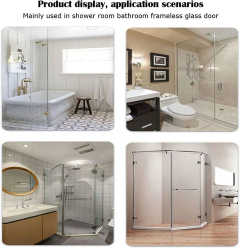 Rock Solid 180 Degree 304 Stainless Steel Glass Door Hinges Two Pack Heavy Duty Double Action Replacement Parts For Shower With Smooth Spring Back Function in various bathroom setups.