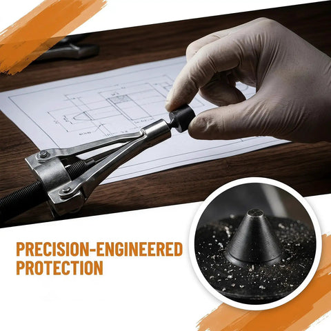 Gloved hand holding Heavy Duty Shaft Protection Caps Set 6 Pack For Machine Shafts Compatible With Grip O Matic Pullers.