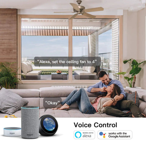 Couple using voice control with Smart Ceiling Fan Switch With 2.4GHz WiFi, Neutral Wiring Required, Alexa and Google Home compatible.