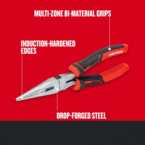 8 Inch Long Nose Pliers With Comfort Grip Induction Hardened Cutting Edges Drop Forged Steel Chrome Finish on red background