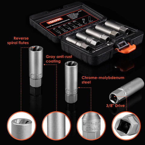 Deep Well Bolt Extractor Set Beefy Sixteen Piece Three Eighths Inch Deep Socket Tools with CrMo steel in case