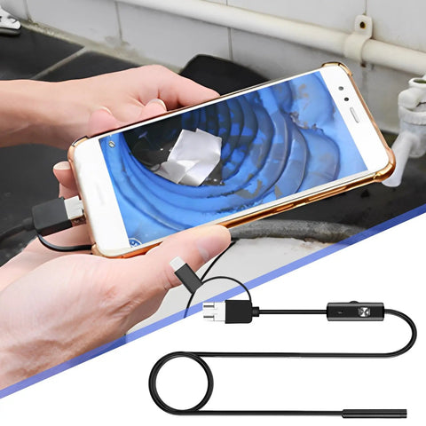 Phone Borescope Endoscope with 6 LED Lights and 3.3ft Cable in use, showing clear drain image on smartphone screen.