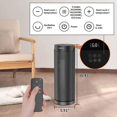 Portable Space Heater With Remote Control, 17 Inch 1500W PTC Ceramic Heater, 70 Degree Oscillation, Quiet Fast Heating shown