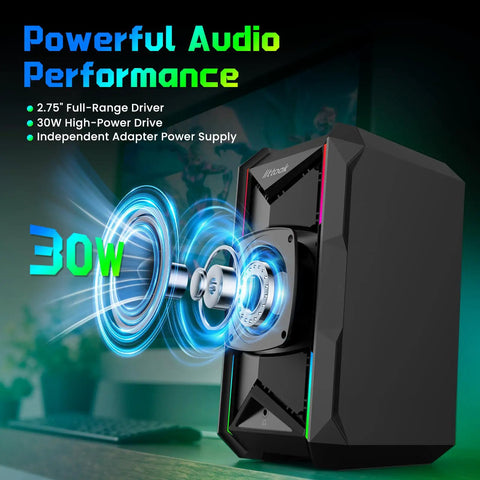 Beefy Desktop Computer Speakers For Music And Gaming, DC Powered 30W Peak, RGB Lighting With 10 Modes and 3.5mm Aux In