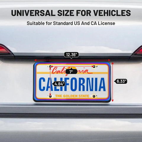 Iridescent Chrome License Plate Frame With Mirror Polish Finish In Chameleon Blue And Blingy Two Pack Stainless Steel Bracket Holder For Front Or Rear Bumpers Includes Screw Cover Accessories showcasing fit on car bumper.