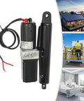 Front view: 12V heavy-duty hydraulic linear actuator with electric motor and mounting bracket, black finish