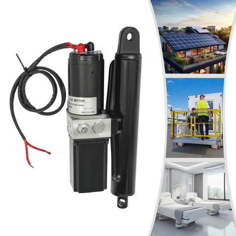 Front view: 12V heavy-duty hydraulic linear actuator with electric motor and mounting bracket, black finish
