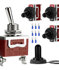 Image showing 4 Pack SPST Toggle Switches On Off 12V DC 30A Heavy Duty Waterproof With Boot Cap Cover, brass terminals.