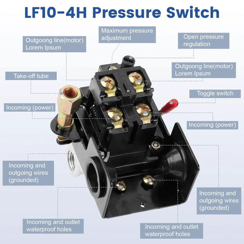 Image of an Air Compressor Pressure Switch 95-125 PSI 20A Replacement with 4 Port 1/4 NPT Unloader Valve showing ports and connections.