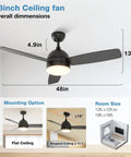 Ceiling Fan With Lights And Remote Control 48 Inch Black Finish Dimmable LED Light Quiet Silent Motor 3 Blades Separate Fan