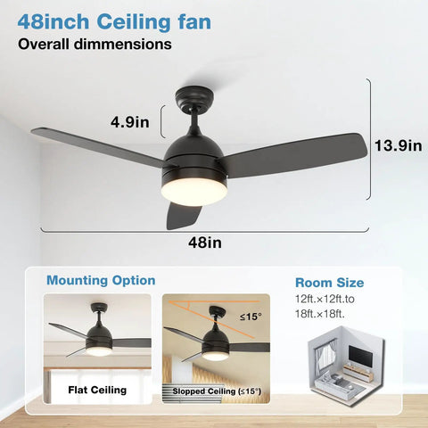 Ceiling Fan With Lights And Remote Control 48 Inch Black Finish Dimmable LED Light Quiet Silent Motor 3 Blades Separate Fan