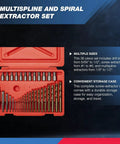 Open red case showing Ultimate Heavy Duty Screw And Bolt Extractor Kit With Multispline And Spiral Extractors Left Hand Drill Bits