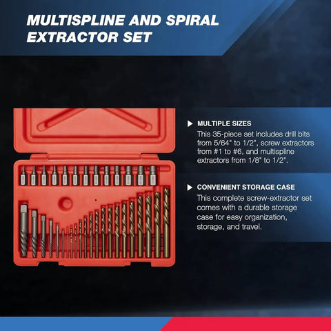 Open red case showing Ultimate Heavy Duty Screw And Bolt Extractor Kit With Multispline And Spiral Extractors Left Hand Drill Bits