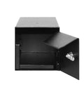 Front view of open key lock depository drop safe with one way slot single lock includes four keys perfect for cash deposits