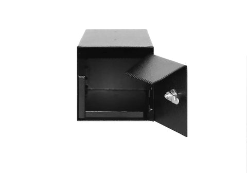 Front view of open key lock depository drop safe with one way slot single lock includes four keys perfect for cash deposits