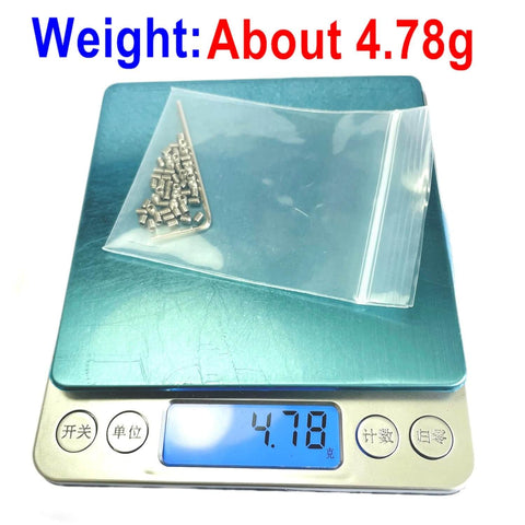 Bag of 50 Piece M2.5 X 3mm Stainless Steel 304 Set Screws on scale showing weight of 4.78 grams