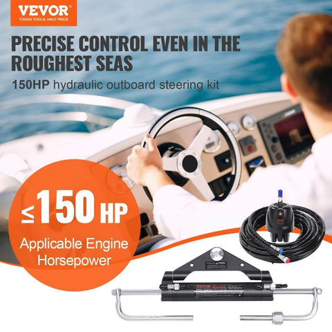 Front view of Beefed Up Hydraulic Outboard Steering Kit For Boats 150HP With Built In Two Way Lock Cylinder Includes Pump And Two 20 Ft High Strength Nylon Hoses For Single Station Single Engine Marine System
