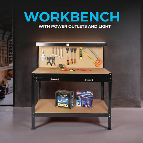 Heavy Duty Steel Workbench with Pegboard Drawers Light and Power Outlets 48 x 25 Inch Garage Workshop Table 220 lb Capacity