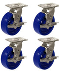 Rugged 6X2 Inch Stainless Steel Casters Featuring Smooth Rolling Solid Blue Polyurethane Wheels And Secure Brake Locks, set of four.