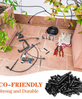 Hundred Piece Drip Irrigation Barbed Couplings Set for One Quarter Inch Tubing shown with tools and plants on patio