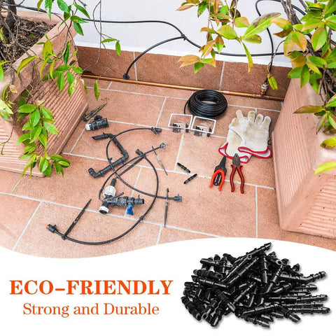 Hundred Piece Drip Irrigation Barbed Couplings Set for One Quarter Inch Tubing shown with tools and plants on patio