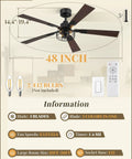 Diagram of Two Pack Go To Farmhouse Style 48 Inch Ceiling Fans With Lights, Industrial Caged Design details and features.