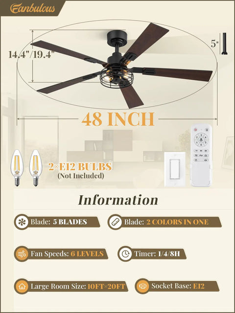 Diagram of Two Pack Go To Farmhouse Style 48 Inch Ceiling Fans With Lights, Industrial Caged Design details and features.