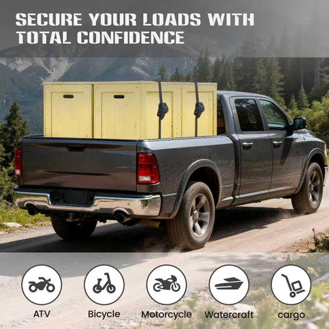 Truck with boxes secured by Beefy Heavy Duty Self Retracting Ratchet Straps 1In By 13Ft, 1800 Lb Break Strength Auto Slow Retraction