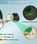 Gas level indicator on a propane regulator showing sufficient, low, and refill levels with luminous pressure gauge.