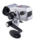 Fathom Electric Size 50 Conventional Fishing Reel With Autostop For Hands Free Retrieve And Beast Power Motor Saltwater Heavy Duty Reel High Performance Electric Reel Battery Not Included, silver and black design with handle and autostop button
