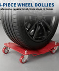 Heavy Duty Wheel Dolly Set Of 4 With 7000 Lbs Capacity Red Steel Dollies For Cars And Trucks on a tire, shop floor