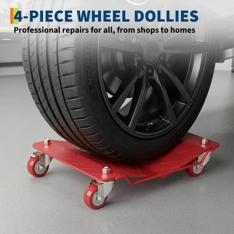 Heavy Duty Wheel Dolly Set Of 4 With 7000 Lbs Capacity Red Steel Dollies For Cars And Trucks on a tire, shop floor