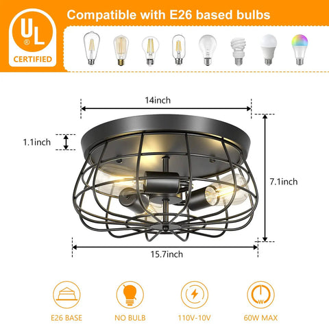Two Pack Vintage Industrial Metal Cage Ceiling Light Fixture, Semi Flush Mount With E26 Base, Three Light Bulbs, UL Listed