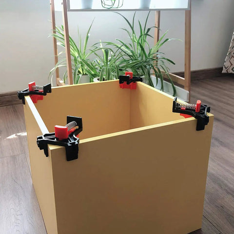 Wooden box with Right Angle Corner Clamp Set 4 Pack Adjustable Single Hand Spring Loaded Clip For Woodworking 90 Degree Joints