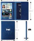 RFID Blocking Passport Wallet With Card Slots And Document Organizer Must Have Travel Essential For Men And Women Navy Blue Passport Holder For Airports And Cruises Durable PU Leather, showing open view with passport and card slots, dimensions 5.6 x 4.1 x 0.2 inches.