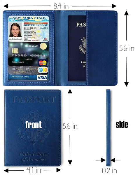 RFID Blocking Passport Wallet With Card Slots And Document Organizer Must Have Travel Essential For Men And Women Navy Blue Passport Holder For Airports And Cruises Durable PU Leather, showing open view with passport and card slots, dimensions 5.6 x 4.1 x 0.2 inches.