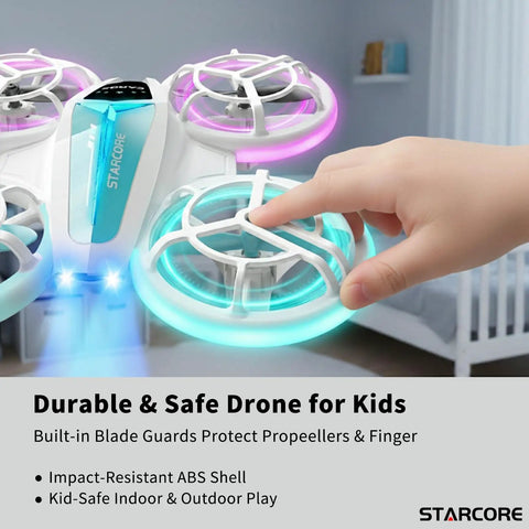 Kid Friendly Dual Module Lighting Drone With Triple Battery Pack For Extended Flight Time in child's hand indoors