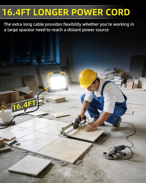 Worker using 14400 Lumens LED Work Light With 120W Flood Light 16 Ft Cord And Switch Portable Stand Work Light in workshop