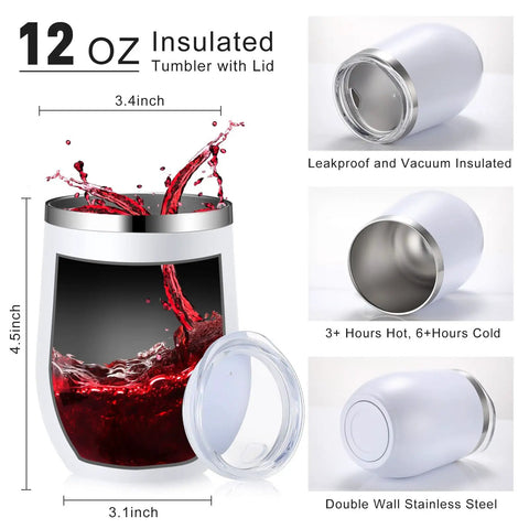 12 oz insulated tumbler with lid showcasing red liquid, made of double wall stainless steel for hot and cold beverages.