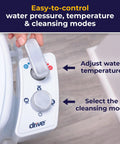 Raised Toilet Seat With Bidet Sprayer, Adjustable Temperature, control panel showing water pressure and cleansing modes