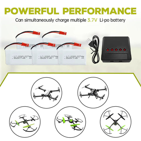 5 Pack 3.7V 1200mAh 30C LiPo Battery With 5in1 Charger JST Plug For T04 T05 T25 V2400HD V2450FPV V2450GPS X900 X9TW RC Quadcopters