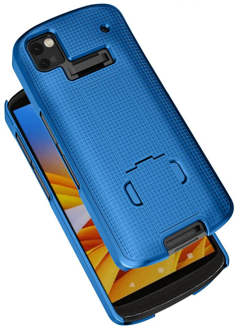 Kickass Protective Kickstand Case And Ratchet Holster Combo For Zebra TC53 TC58 with a patterned blue exterior and visible kickstand.