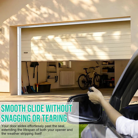Open garage door with white Heavy Duty Garage Door Seal Top And Sides 36Ft White Flexible TPE Self Adhesive Weather Stripping Kit