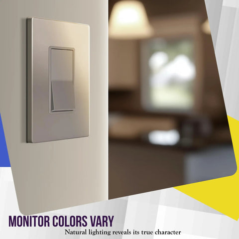 Glossy Screwless Decorator Wall Plate for 1 Gang Outlet, Kid Safe Nickel Finish, mounted on wall, with blurred background