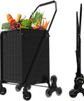 Beast Folding Stair Climber Cart with waterproof bag carrying groceries, black frame, 360 degree swivel wheels, folded view
